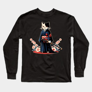 Kawaii Cat Anime Japanese Retro Samurai Novelty Funny Cat Long Sleeve T-Shirt